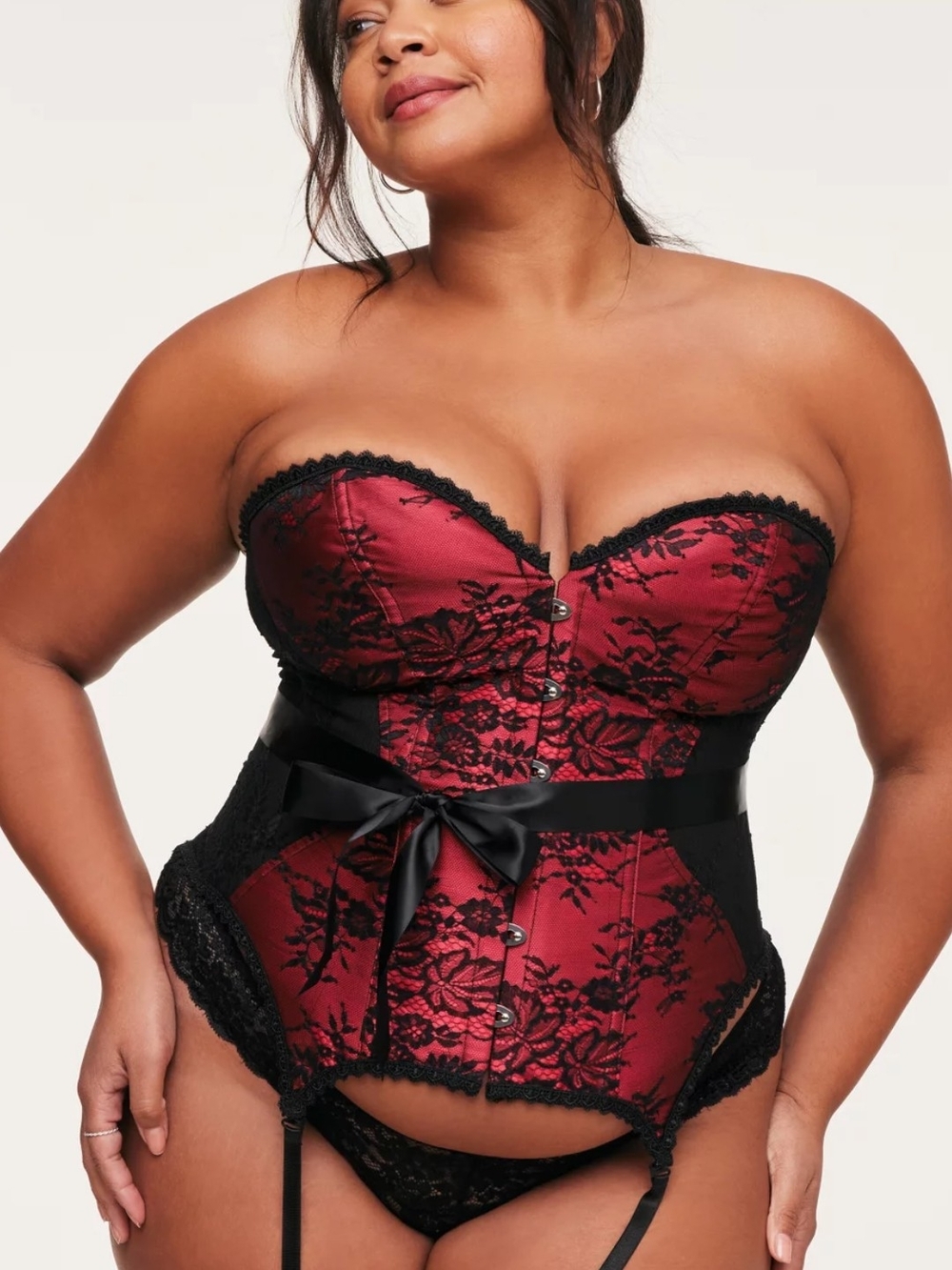 Adore Me Red and Black Lace Strapless Corset with Satin Bow